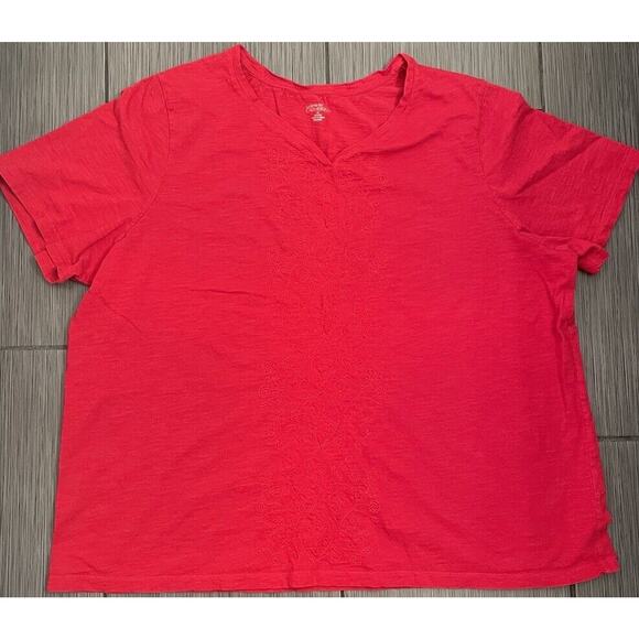 Catherines Liz & Me Womens Red Short Sleeve V-neck T-shirt Size 2x Embroidered - Picture 1 of 5